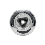 Direct overhead front view of an Artesian C-Helix 2.75 SS spa jet insert, featuring a polished stainless steel bezel with three curved dark grip accents and a central triangular orifice opening.