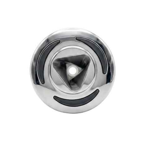 Direct overhead front view of an Artesian C-Helix 2.75 SS spa jet insert, featuring a polished stainless steel bezel with three curved dark grip accents and a central triangular orifice opening.