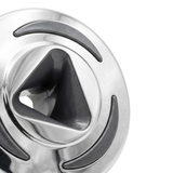 Close-up angled view of an Artesian C-Helix 2.75 SS spa jet face, displaying the polished stainless steel bezel with textured grey grip accents and a dark triangular central orifice.