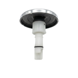 Side profile view of an Artesian C-Helix 2.75 SS spa jet insert, showing the polished stainless steel face plate rim, dark grey backing ring, and extended white plastic stem with a black O-ring.