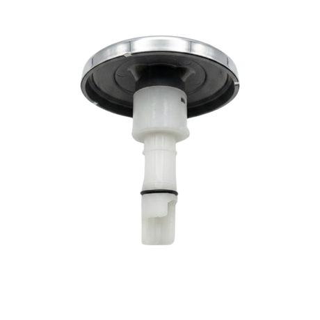 Side profile view of an Artesian C-Helix 2.75 SS spa jet insert, showing the polished stainless steel face plate rim, dark grey backing ring, and extended white plastic stem with a black O-ring.