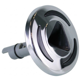 Three-quarter angled view of an Artesian C-Helix 2.75 SS spa jet insert, showing the polished stainless steel bezel with dark curved grip accents, triangular orifice, and rear grey mounting stem.