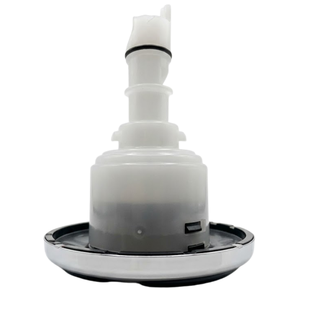 Profile view of the body housing and stem assembly on an Artesian C-Helix 3 ROTO SS spa jet insert, showing the stainless steel rim, grey lower collar, translucent white main housing, and extended white stem with a black O-ring.