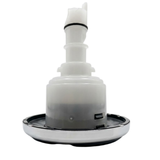 Profile view of the body housing and stem assembly on an Artesian C-Helix 3 ROTO SS spa jet insert, showing the stainless steel rim, grey lower collar, translucent white main housing, and extended white stem with a black O-ring.