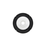 Direct overhead bottom-up view of the rear assembly on an Artesian C-Helix 3 ROTO SS spa jet insert, showing the dark grey outer face plate ring and central white plastic stem.