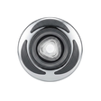 Direct overhead front view of an Artesian C-Helix 3 ROTO SS spa jet insert, showing a polished stainless steel bezel with three curved black grip accents surrounding a central triangular clear roto nozzle.