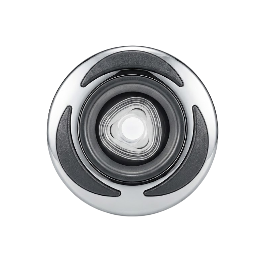 Direct overhead front view of an Artesian C-Helix 3 ROTO SS spa jet insert, showing a polished stainless steel bezel with three curved black grip accents surrounding a central triangular clear roto nozzle.