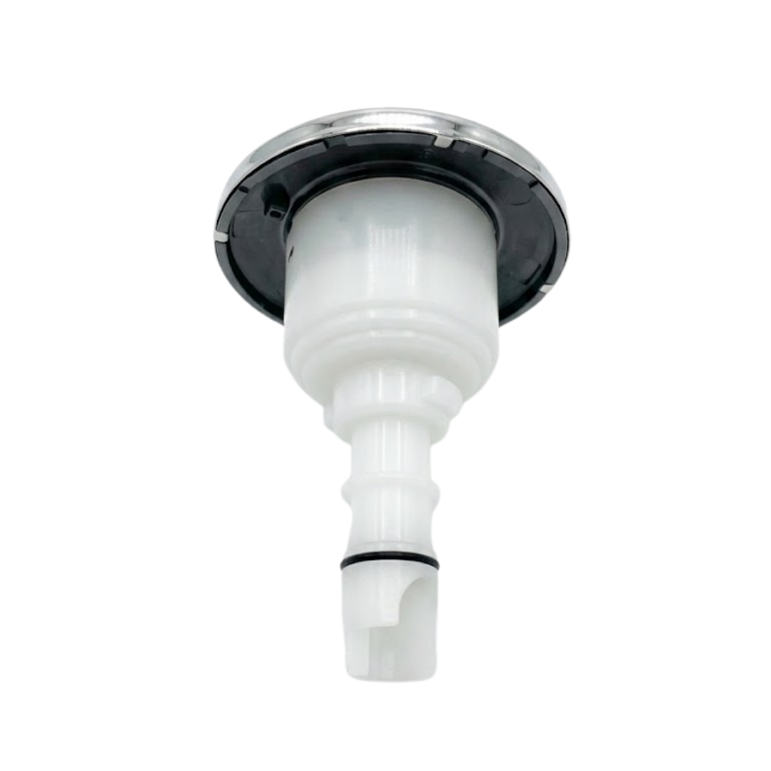 Side profile view of an Artesian C-Helix 3 ROTO SS spa jet insert, showing the stainless steel bezel rim, dark grey backing ring, white body casing, and narrow white stem with a black O-ring.