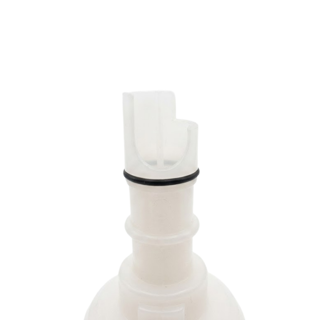 Close-up view of the white plastic stem on an Artesian C-Helix 3 ROTO SS spa jet insert, showing the black rubber O-ring, stepped body casing, and top intake cutout window.