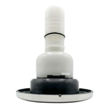 Profile view of the body housing and stem assembly on an Artesian C-Helix 5 Whirlpool SS spa jet insert, showing the polished stainless steel face plate rim, dark grey lower collar, white main casing, and ribbed stem with black O-ring.