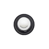 Direct overhead bottom-up view of the rear assembly on an Artesian C-Helix 5 Whirlpool SS spa jet insert, showing the dark grey outer face flange ring and central white plastic stem.