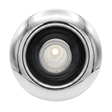 Direct overhead front view of an Artesian C-Helix 5 Whirlpool SS spa jet insert, featuring a smooth, polished stainless steel bezel, dark inner ring, and a clear plastic central whirlpool chamber.