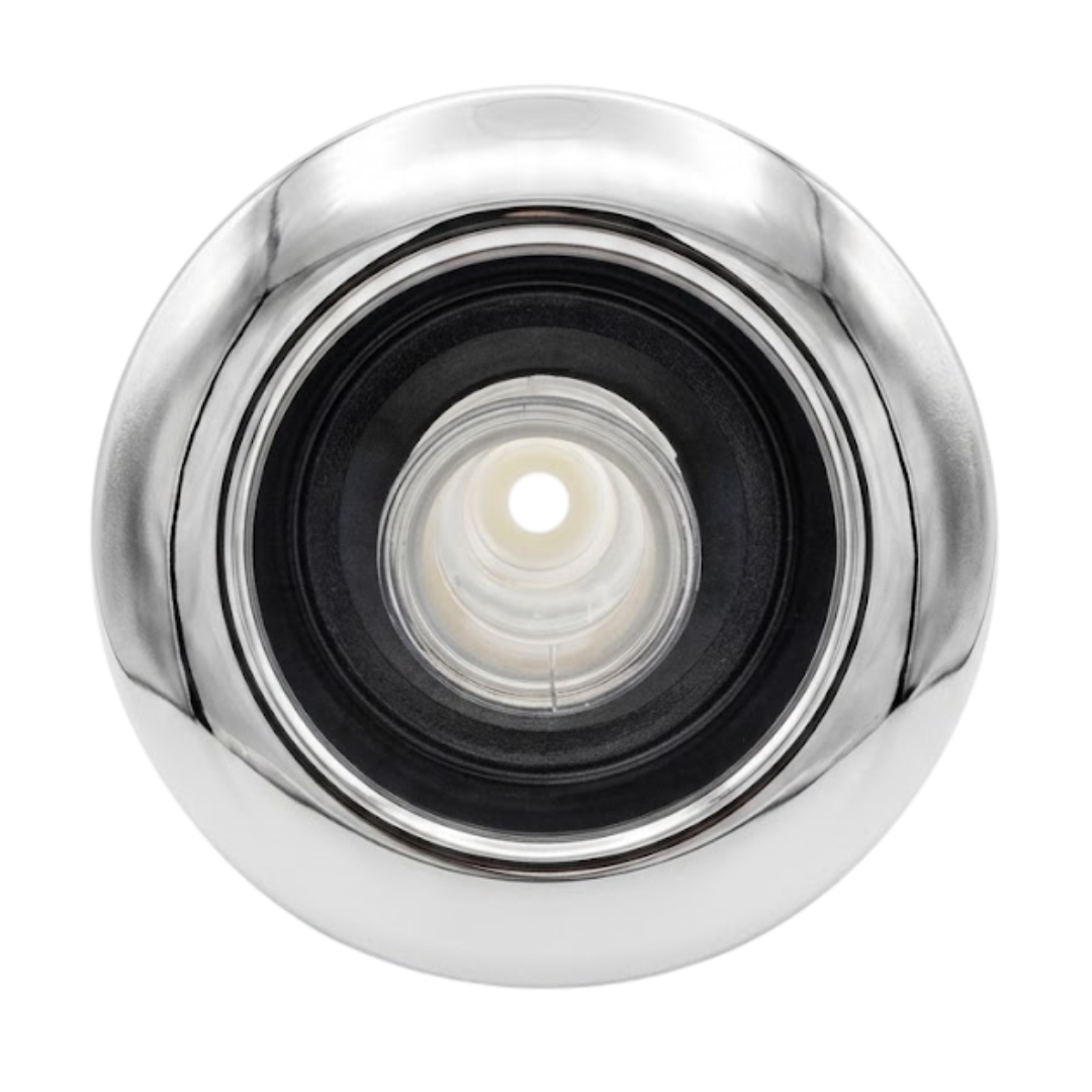 Direct overhead front view of an Artesian C-Helix 5 Whirlpool SS spa jet insert, featuring a smooth, polished stainless steel bezel, dark inner ring, and a clear plastic central whirlpool chamber.