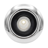 Direct overhead front view of an Artesian C-Helix 5 Whirlpool SS spa jet insert, featuring a smooth, polished stainless steel bezel, dark inner ring, and a clear plastic central whirlpool chamber.