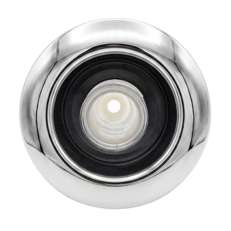 Direct overhead front view of an Artesian C-Helix 5 Whirlpool SS spa jet insert, featuring a smooth, polished stainless steel bezel, dark inner ring, and a clear plastic central whirlpool chamber.