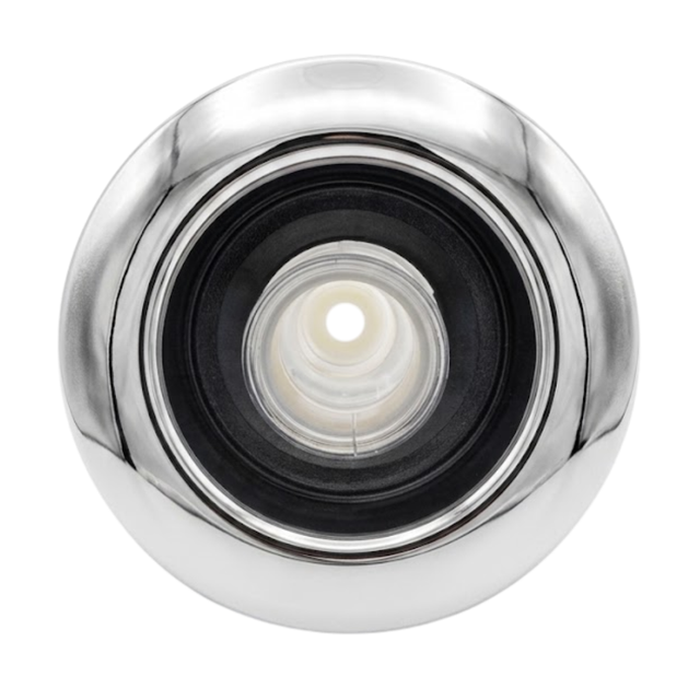 Direct overhead front view of an Artesian C-Helix 5 Whirlpool SS spa jet insert, featuring a smooth, polished stainless steel bezel, dark inner ring, and a clear plastic central whirlpool chamber.