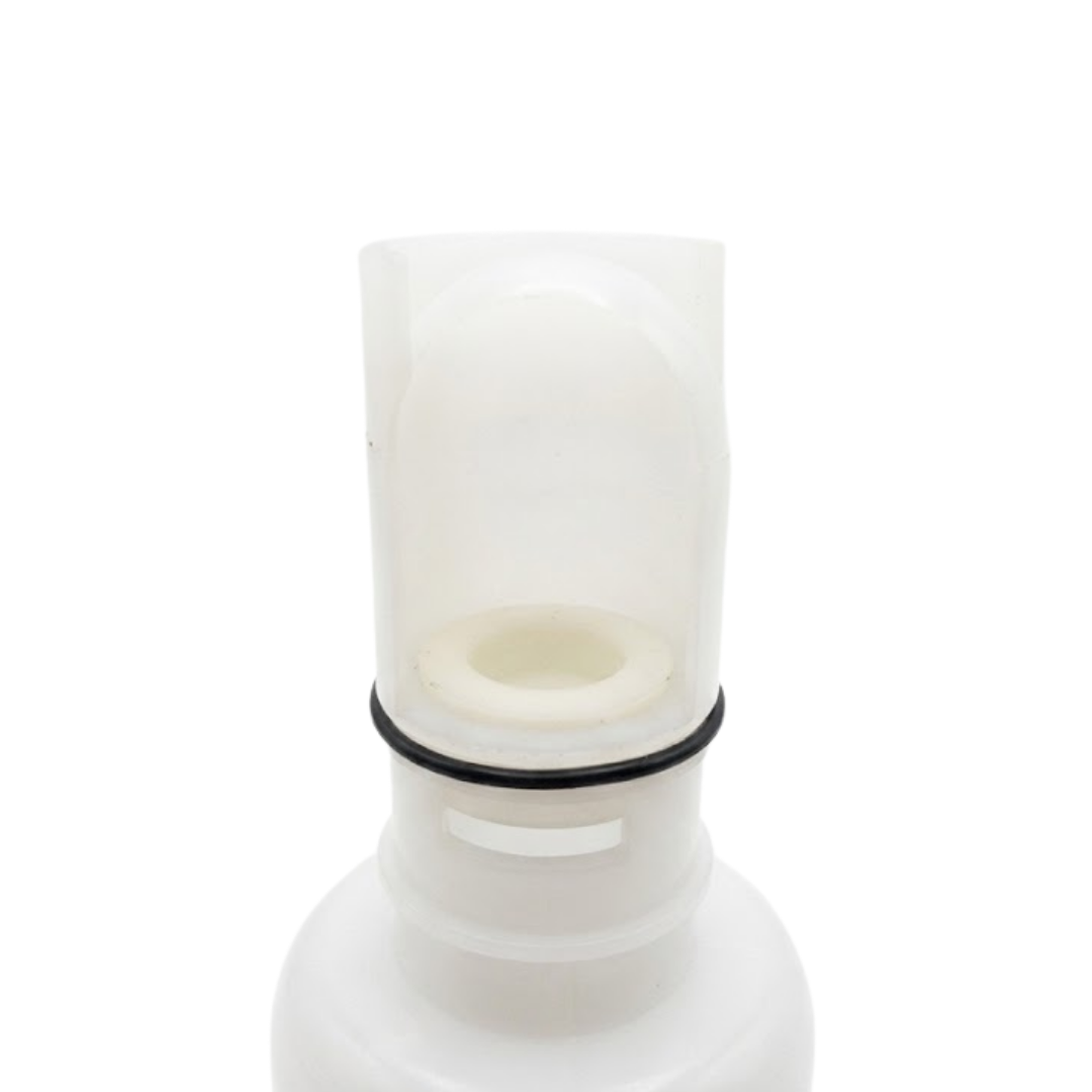 Close-up view of the translucent white plastic stem on an Artesian C-Helix 5 Whirlpool SS spa jet insert, featuring a black rubber O-ring, internal white nozzle fitting, and large side cutout window.