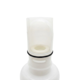 Close-up view of the translucent white plastic stem on an Artesian C-Helix 5 Whirlpool SS spa jet insert, featuring a black rubber O-ring, internal white nozzle fitting, and large side cutout window.