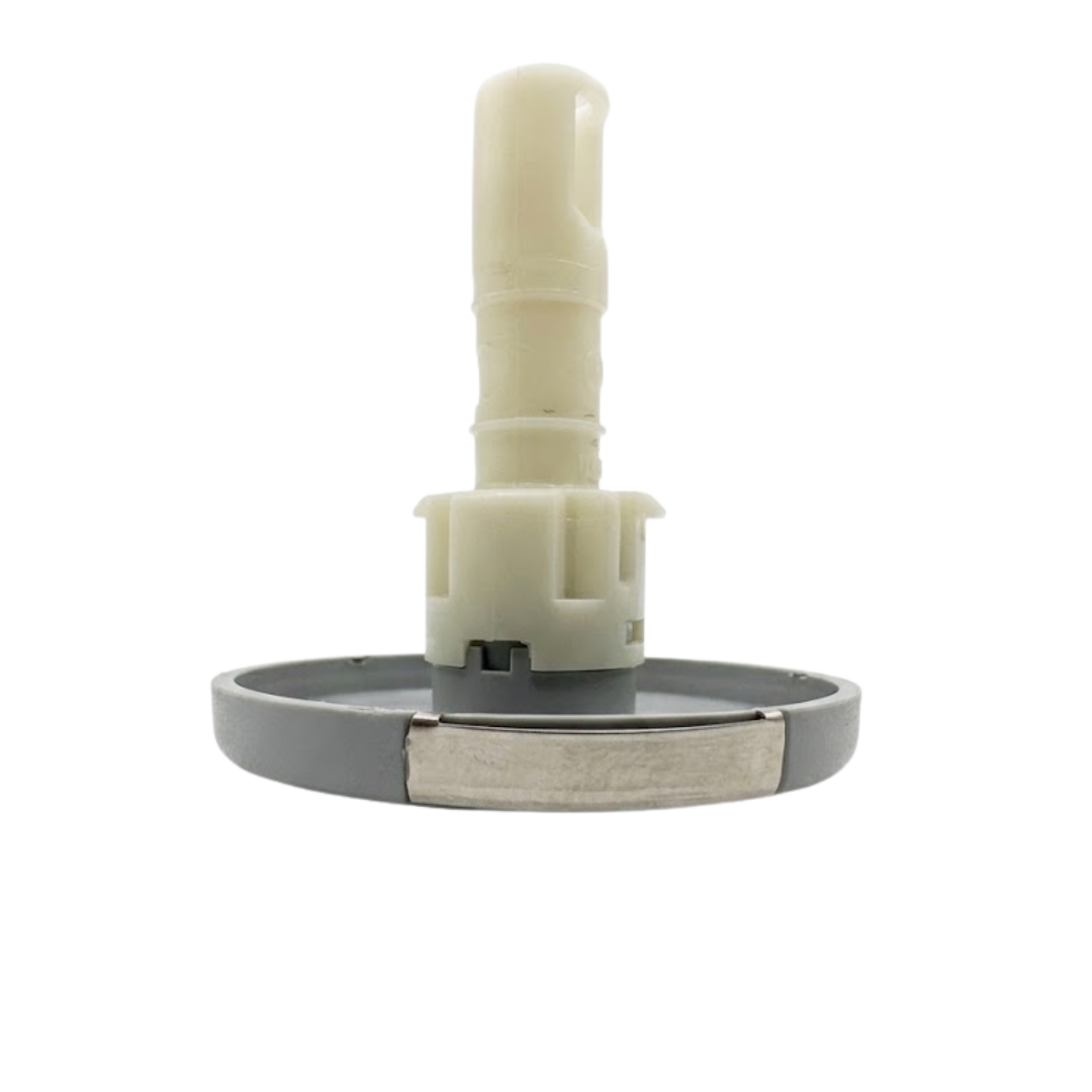 Profile view of the body housing and stem assembly on an Artesian Cluster SS PE 2.75 spa jet insert, showing the grey face flange, stainless steel accent clip, grey lower collar, and extended white stem.
