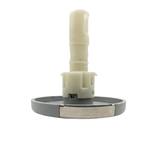 Profile view of the body housing and stem assembly on an Artesian Cluster SS PE 2.75 spa jet insert, showing the grey face flange, stainless steel accent clip, grey lower collar, and extended white stem.