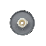 Direct overhead bottom-up view of the rear assembly on an Artesian Cluster SS PE 2.75 spa jet insert, showing the grey circular rear face plate and central white plastic stem.