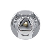 Direct overhead front view of an Artesian Cluster SS PE 2.75 spa jet insert, featuring a stainless steel bezel with textured grey accents and a central triangular inner opening with a single nozzle port.