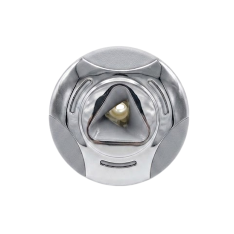 Direct overhead front view of an Artesian Cluster SS PE 2.75 spa jet insert, featuring a stainless steel bezel with textured grey accents and a central triangular inner opening with a single nozzle port.