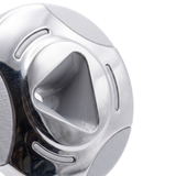 Close-up angled view of an Artesian Cluster SS PE 2.75 spa jet insert face, showing the polished stainless steel bezel, textured grey accent panels, and deep triangular center nozzle opening.