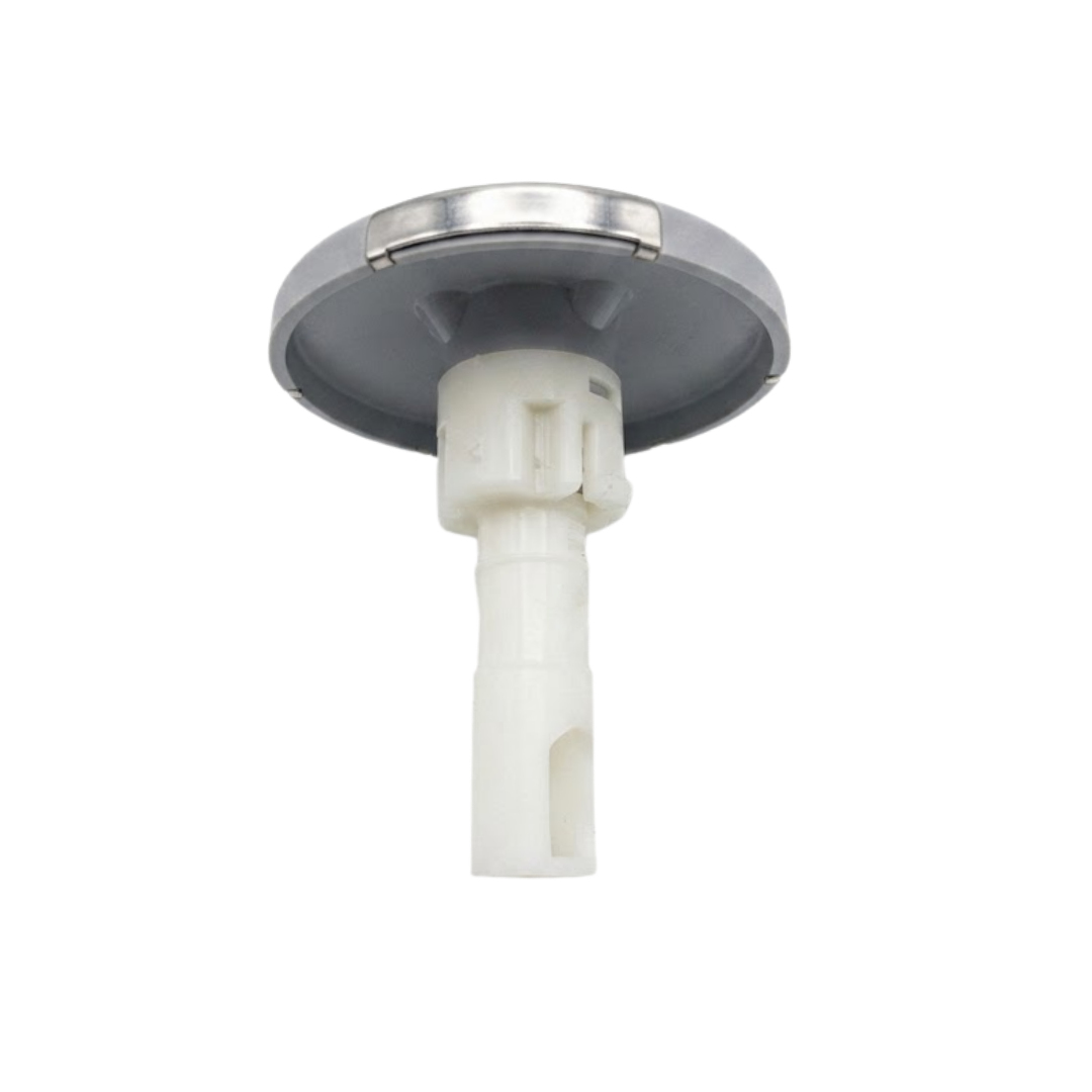 Side profile view of an Artesian Cluster SS PE 2.75 spa jet insert, showing the stainless steel and grey face flange, dark grey underside housing, and white plastic stem assembly with lower intake cutout.