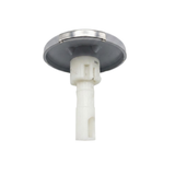 Side profile view of an Artesian Cluster SS PE 2.75 spa jet insert, showing the stainless steel and grey face flange, dark grey underside housing, and white plastic stem assembly with lower intake cutout.