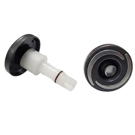 Dual product view of two Artesian Halo 2 Directional plastic spa jet inserts, displaying one jet angled to show the translucent white body stem with rubber O-ring alongside a second jet showing the direct front face with textured black bezel, grey swirl accents, and directional eyeball nozzle.