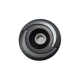 Direct overhead front view of an Artesian Halo 2 Directional plastic spa jet insert, featuring a textured black bezel with grey swirl accents and a central directional eyeball nozzle.
