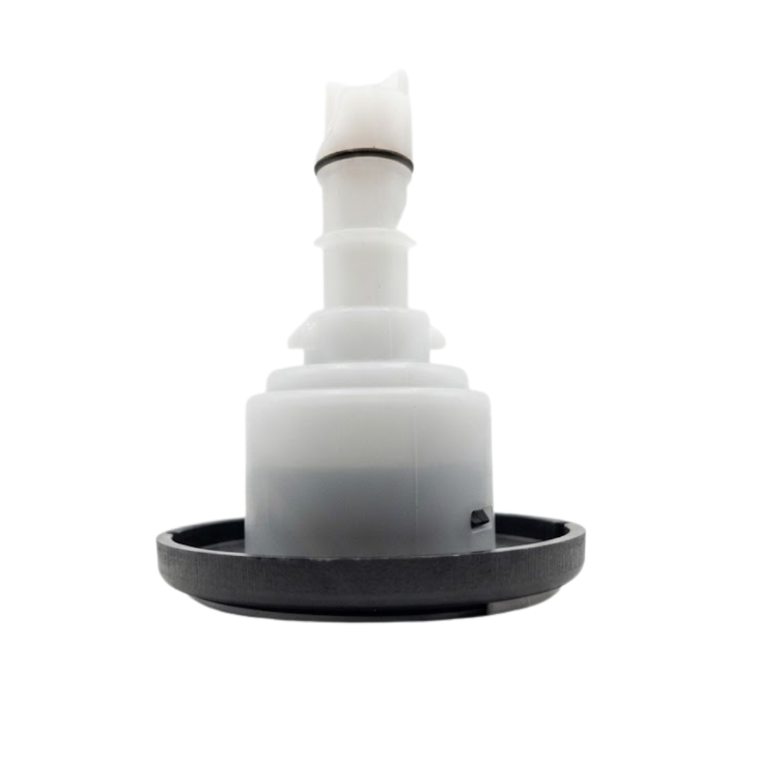 Profile view of the body casing and stem assembly on an Artesian Halo 3 Massage plastic spa jet insert, showing the dark textured bezel base, translucent white housing, and extended slim stem with an O-ring.