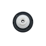 Direct overhead bottom-up view of the rear assembly on an Artesian Halo 3 Massage plastic spa jet insert, showing the black circular face housing ring and central translucent white plastic stem.