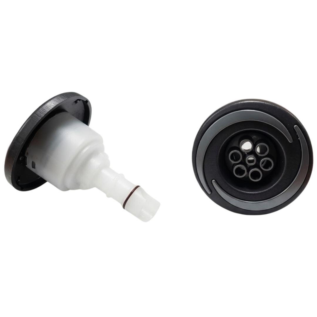 Dual product view of two Artesian Halo 3 Massage plastic spa jet inserts, displaying one jet angled to highlight the white rear body stem and O-ring alongside a second jet showing the direct front face with black bezel and grey swirl accents.