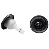 Dual product view of two Artesian Halo 3 Massage plastic spa jet inserts, displaying one jet angled to highlight the white rear body stem and O-ring alongside a second jet showing the direct front face with black bezel and grey swirl accents.