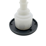 Close-up angled view of the rear face flange housing on an Artesian Halo 3 Massage plastic spa jet insert, showing the dark textured bezel ring base, retention slots, and lower translucent white plastic body casing
