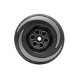 Direct overhead front view of an Artesian Halo 3 Massage plastic spa jet insert, featuring a textured black bezel with grey swirl accents and a central six-port massage nozzle cluster with a middle opening.