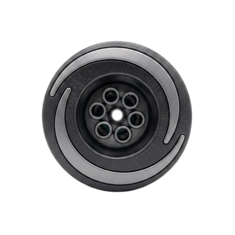 Direct overhead front view of an Artesian Halo 3 Massage plastic spa jet insert, featuring a textured black bezel with grey swirl accents and a central six-port massage nozzle cluster with a middle opening.