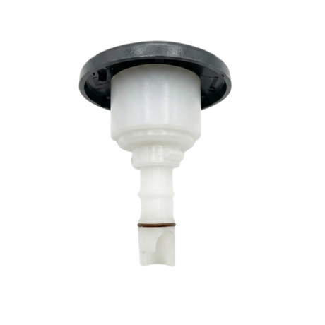 Side profile view of an Artesian Halo 3 Massage plastic spa jet insert, showing the dark textured face flange, translucent white body housing, and slim lower stem with a rubber O-ring gasket.