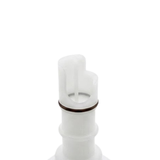 Close-up view of the translucent white plastic lower stem on an Artesian Halo 3 Massage plastic spa jet insert, featuring a dark rubber O-ring seal and notched end tip.
