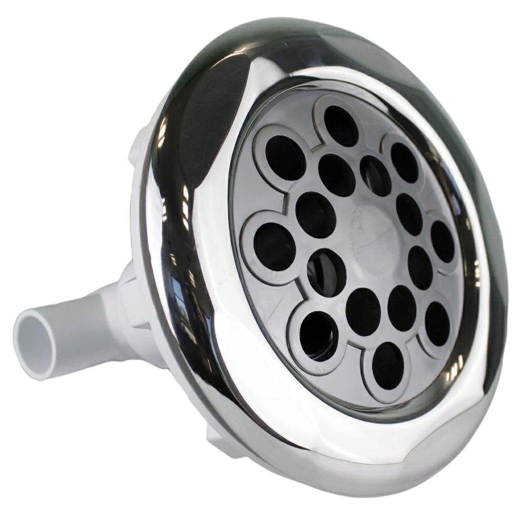 Three-quarter front view of a Jumbo Mssg 7in Artesian spa jet internal insert, featuring a large polished stainless steel bezel, a grey faceplate with a multi-port massage nozzle cluster, and a white rear stem.