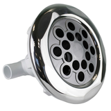 Three-quarter front view of a Jumbo Mssg 7in Artesian spa jet internal insert, featuring a large polished stainless steel bezel, a grey faceplate with a multi-port massage nozzle cluster, and a white rear stem.