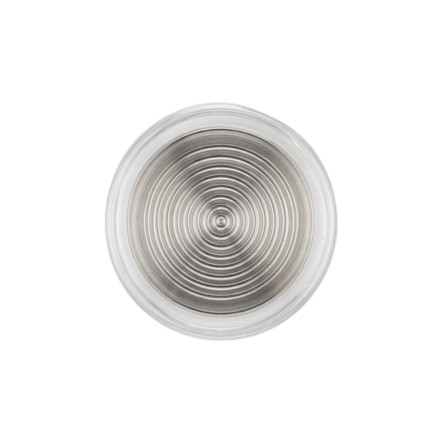Direct front view of a circular clear 2-inch Artesian Xylex/PVC replacement light lens showing concentric ring dispersion pattern isolated on white.