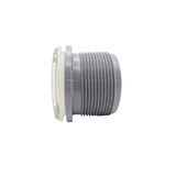 Side profile view of the Artesian 2-inch Xylex/PVC light lens body assembly, displaying the clear front lens cap, translucent sealing gasket, and grey threaded rear socket casing isolated on white.
