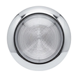 Direct front view of an Artesian 5-inch stainless steel light housing assembly featuring a polished chrome rim and clear ribbed glass lens isolated on white.