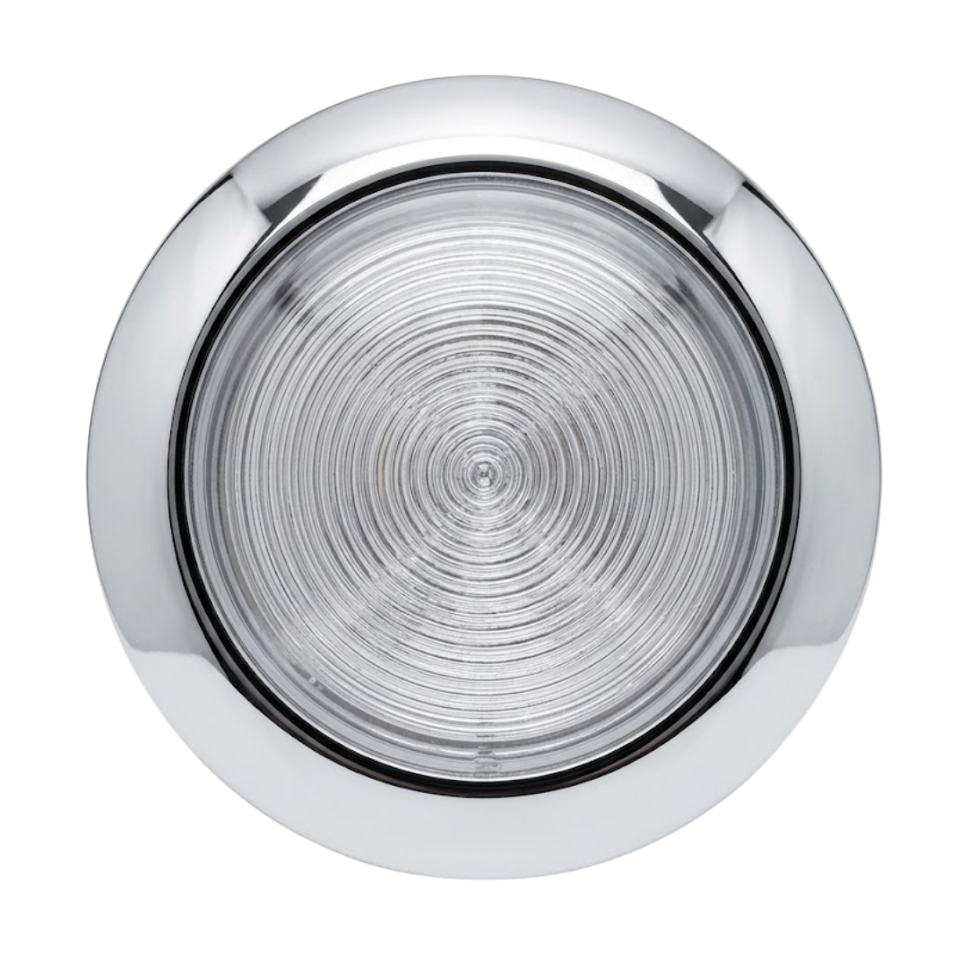 Direct front view of an Artesian 5-inch stainless steel light housing assembly featuring a polished chrome rim and clear ribbed glass lens isolated on white.