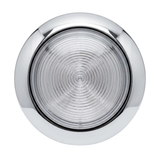 Direct front view of an Artesian 5-inch stainless steel light housing assembly featuring a polished chrome rim and clear ribbed glass lens isolated on white.