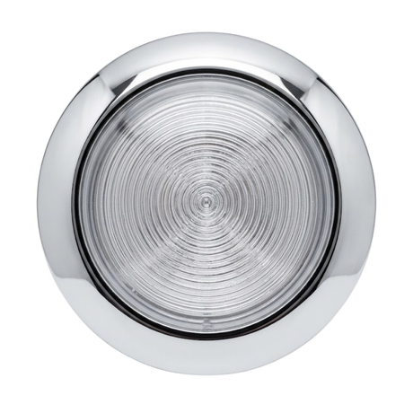 Direct front view of an Artesian 5-inch stainless steel light housing assembly featuring a polished chrome rim and clear ribbed glass lens isolated on white.