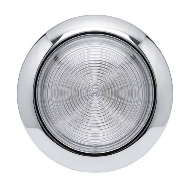 Direct front view of an Artesian 5-inch stainless steel light housing assembly featuring a polished chrome rim and clear ribbed glass lens isolated on white.